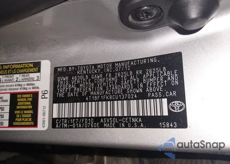2012 Toyota Camry Le z USA, uszkodzony, nr VIN 4T1BF1FK8CU137024